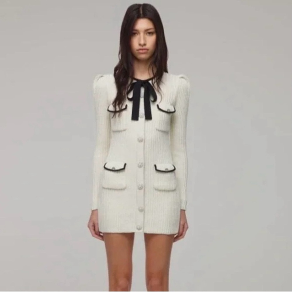 Self Portrait Lurex White Knit Dress with Black Accents crystal buttons